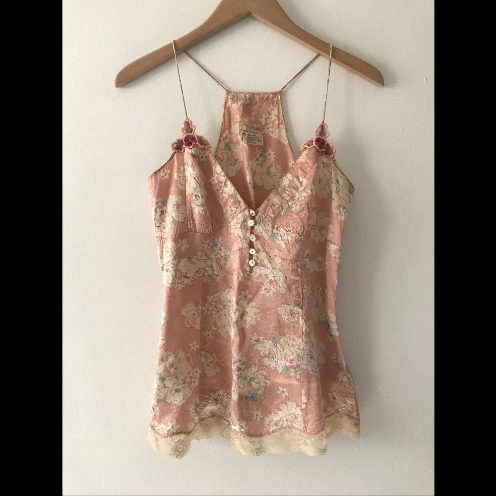 Free People Pink Silk Spaghetti Strap Floral Tank